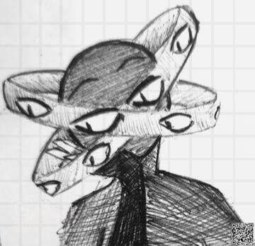 Humanoid sketchy head artwork with subject, single, draft